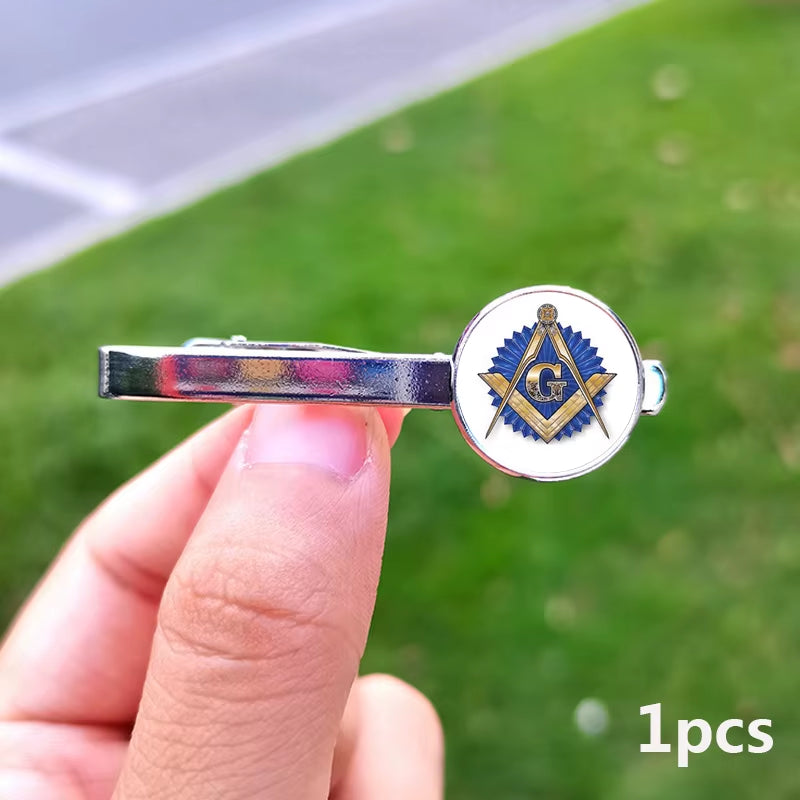 2024 New Masonic Cufflinks for Men Exquisite Freemason Eye of God Symbol Glass Gem Cuff Links Business Shirt Buttons Tie Clip