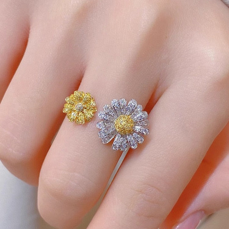 S925 Sterling Silver Ins Double Open Yellow Diamond Ring