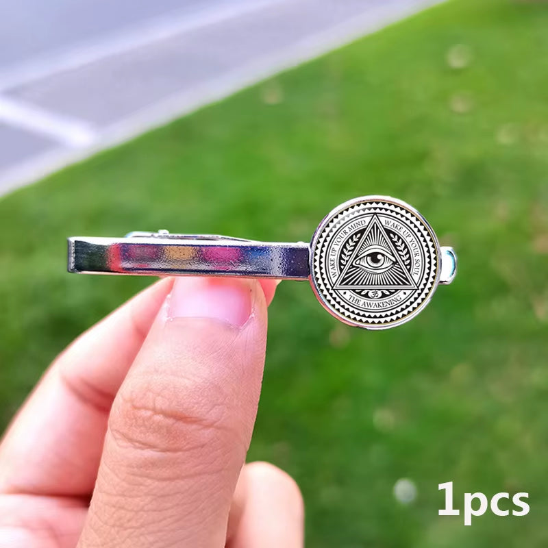 2024 New Masonic Cufflinks for Men Exquisite Freemason Eye of God Symbol Glass Gem Cuff Links Business Shirt Buttons Tie Clip