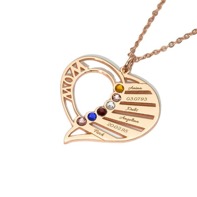 Hollow heart inlaid gemstone with customizable name design light luxury noble necklace