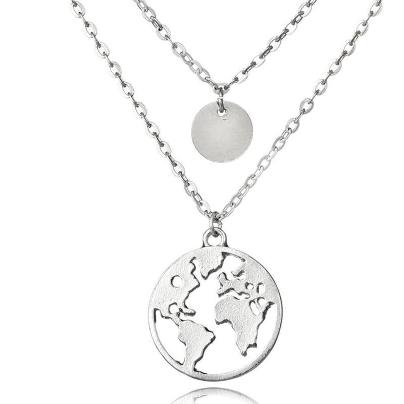Trendy World Map Necklace with 2 Layer Design and Adjustable Lengths