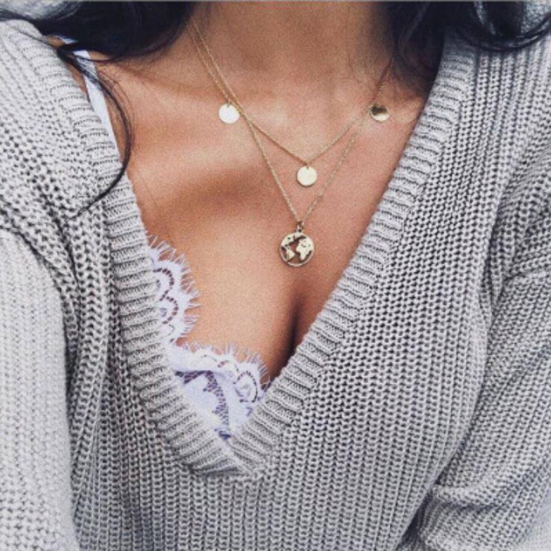 Trendy World Map Necklace with 2 Layer Design and Adjustable Lengths