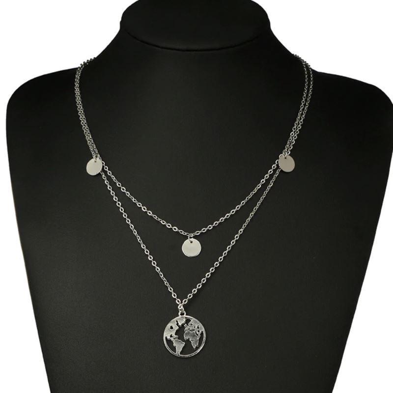Trendy World Map Necklace with 2 Layer Design and Adjustable Lengths