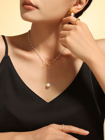 Stainless Steel Bow Pendant Necklace with Pearls Pearl Pendant Necklace