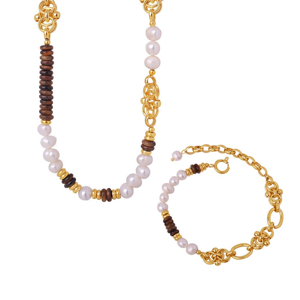 18k gold light luxury retro tiger eye stone with pearl beading design palace style necklace and bracelet set
