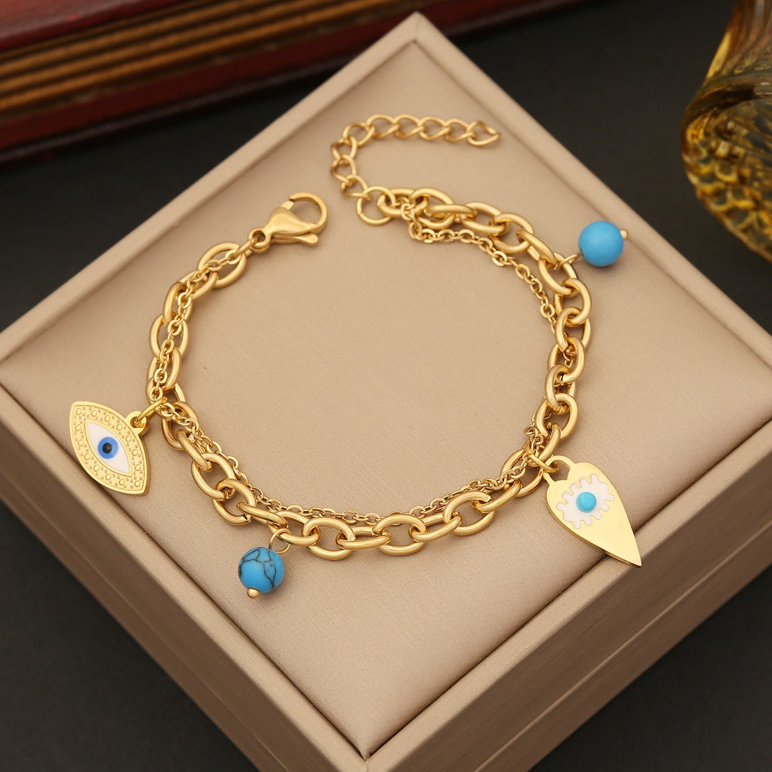 18K Gold Demon Eye Design Fashion Personalized Bracelet Earring Ring Set