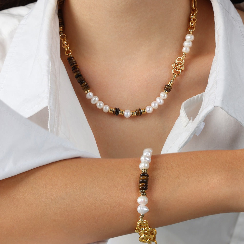 18k gold light luxury retro tiger eye stone with pearl beading design palace style necklace and bracelet set