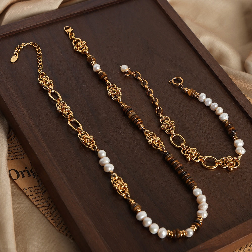 18k gold light luxury retro tiger eye stone with pearl beading design palace style necklace and bracelet set