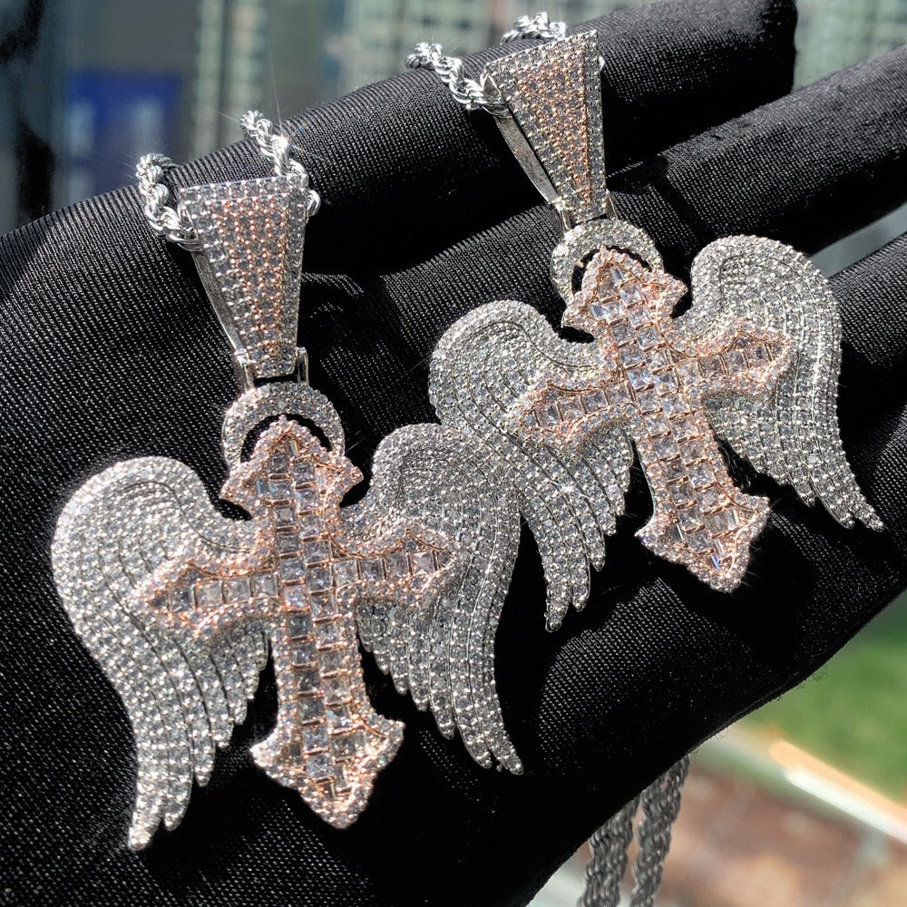 Cross with wings inlaid with zircon design fashionable high-end men's necklace