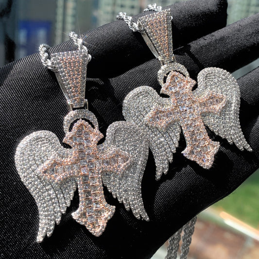 Cross with wings inlaid with zircon design fashionable high-end men's necklace