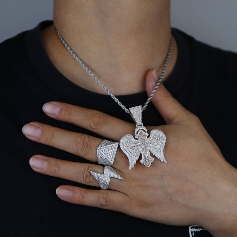 Cross with wings inlaid with zircon design fashionable high-end men's necklace