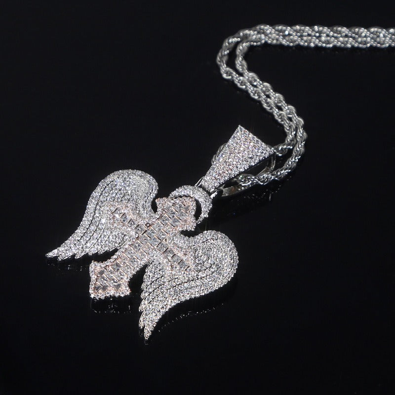 Cross with wings inlaid with zircon design fashionable high-end men's necklace