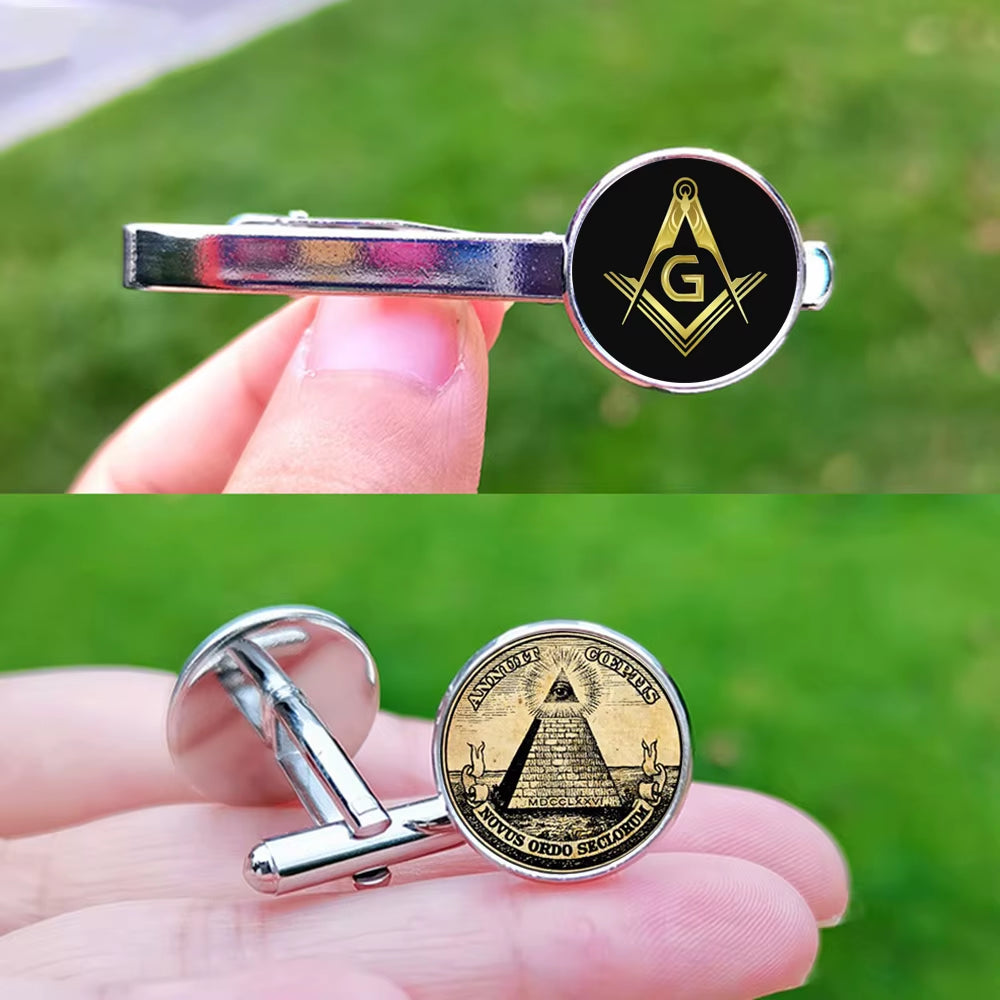 2024 New Masonic Cufflinks for Men Exquisite Freemason Eye of God Symbol Glass Gem Cuff Links Business Shirt Buttons Tie Clip
