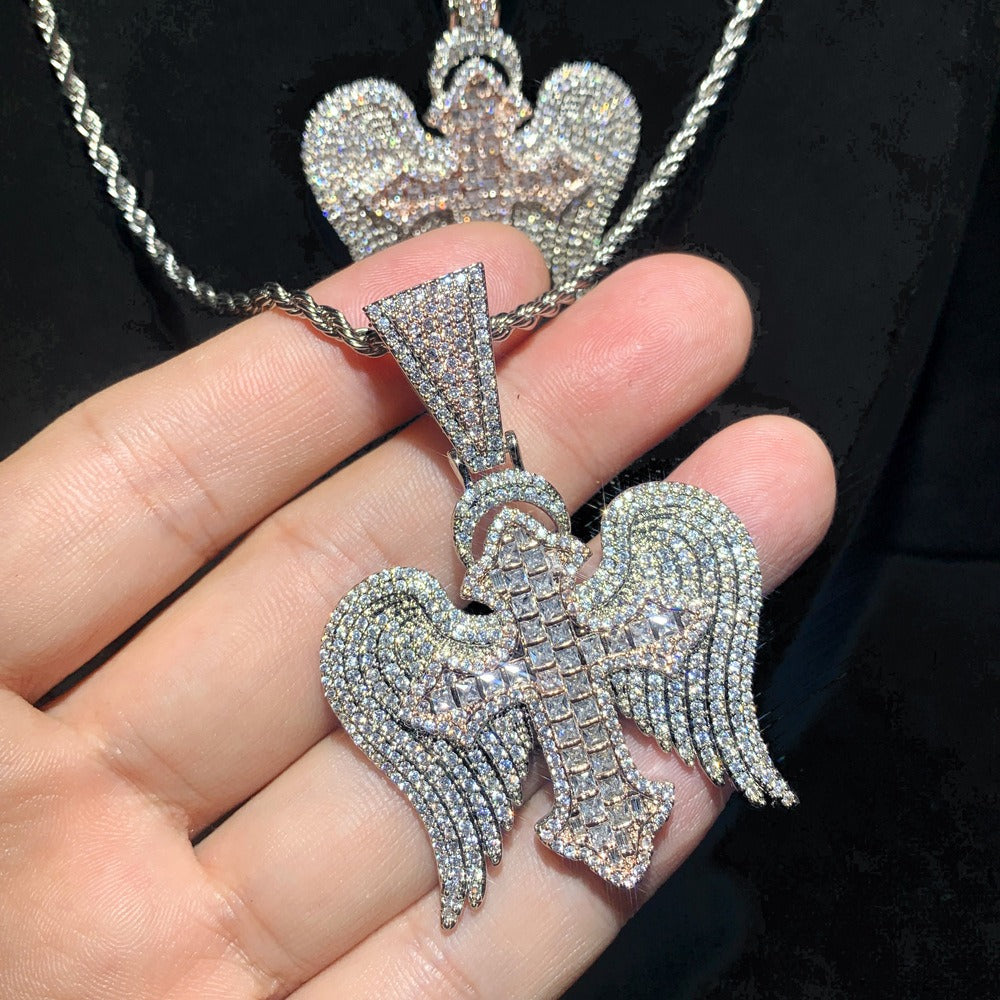 Cross with wings inlaid with zircon design fashionable high-end men's necklace