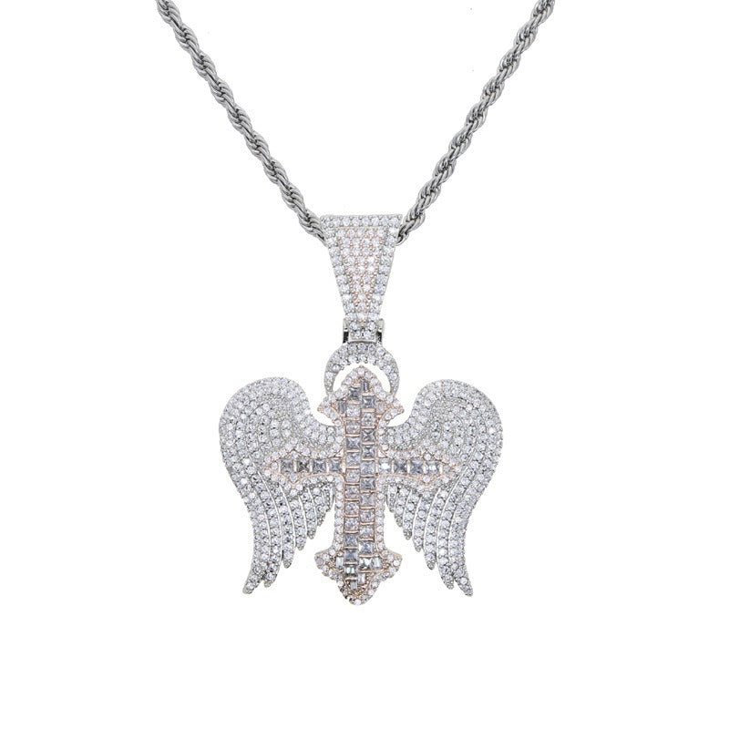 Cross with wings inlaid with zircon design fashionable high-end men's necklace