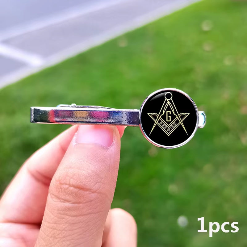 2024 New Masonic Cufflinks for Men Exquisite Freemason Eye of God Symbol Glass Gem Cuff Links Business Shirt Buttons Tie Clip