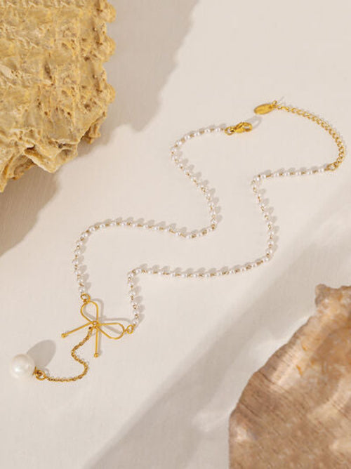 Stainless Steel Bow Pendant Necklace with Pearls Pearl Pendant Necklace