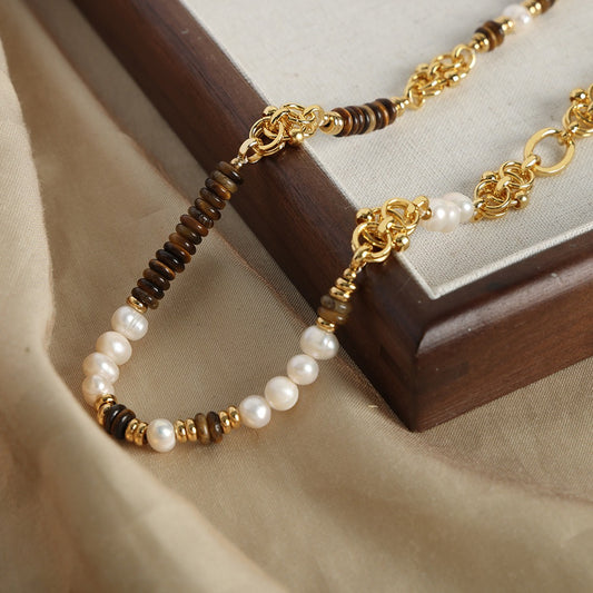 18k gold light luxury retro tiger eye stone with pearl beading design palace style necklace and bracelet set