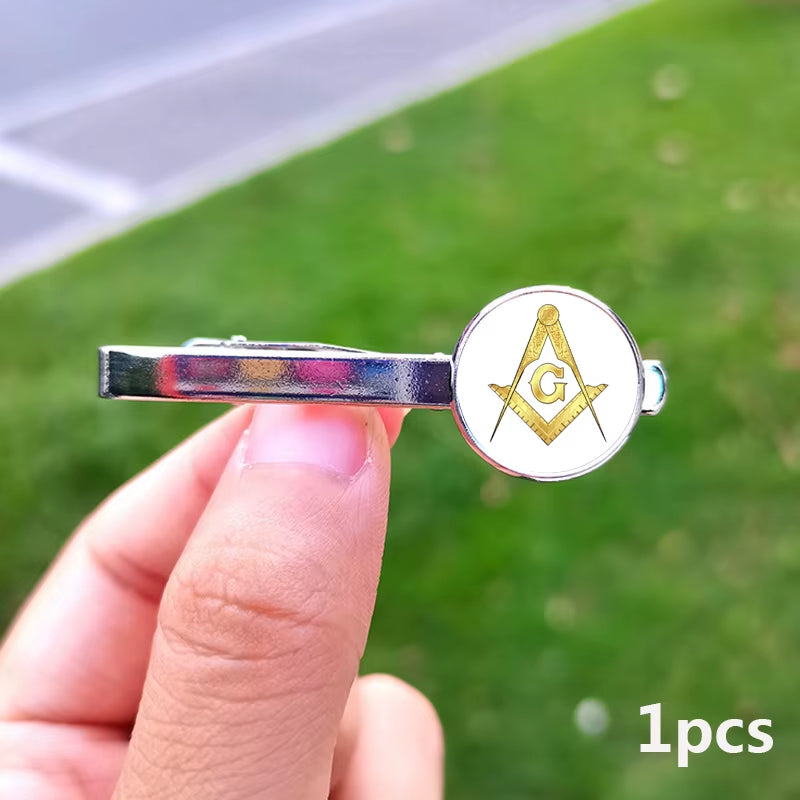 2024 New Masonic Cufflinks for Men Exquisite Freemason Eye of God Symbol Glass Gem Cuff Links Business Shirt Buttons Tie Clip