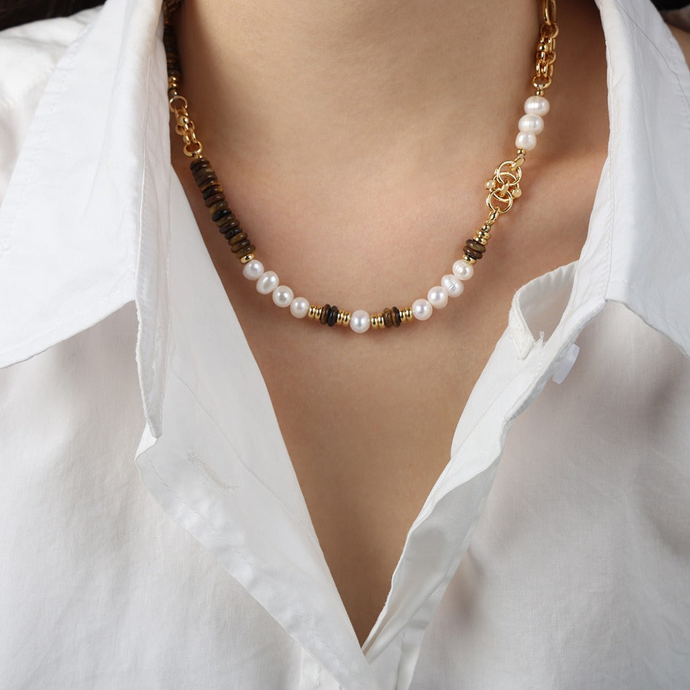 18k gold light luxury retro tiger eye stone with pearl beading design palace style necklace and bracelet set