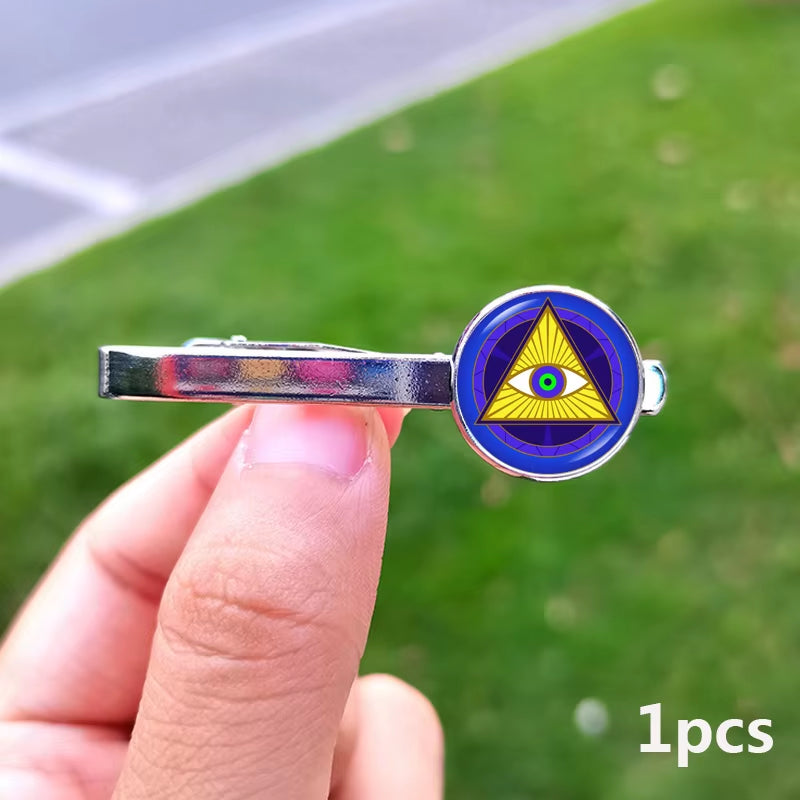 2024 New Masonic Cufflinks for Men Exquisite Freemason Eye of God Symbol Glass Gem Cuff Links Business Shirt Buttons Tie Clip