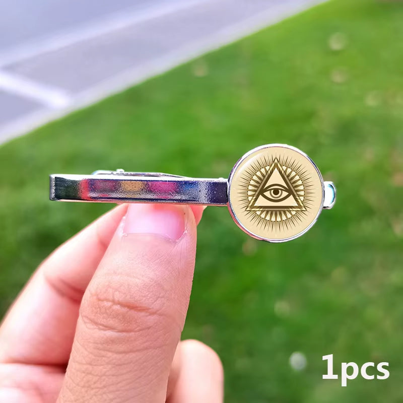 2024 New Masonic Cufflinks for Men Exquisite Freemason Eye of God Symbol Glass Gem Cuff Links Business Shirt Buttons Tie Clip