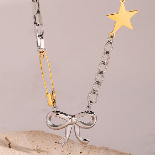 18K gold bow with gold and silver contrast design personalized high-end necklace