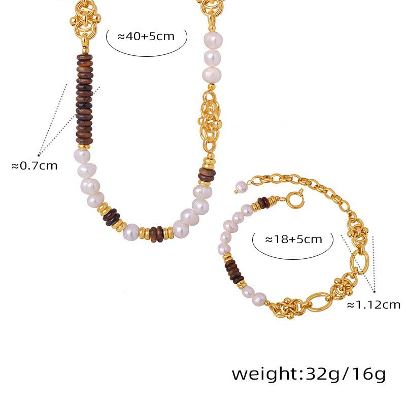 18k gold light luxury retro tiger eye stone with pearl beading design palace style necklace and bracelet set
