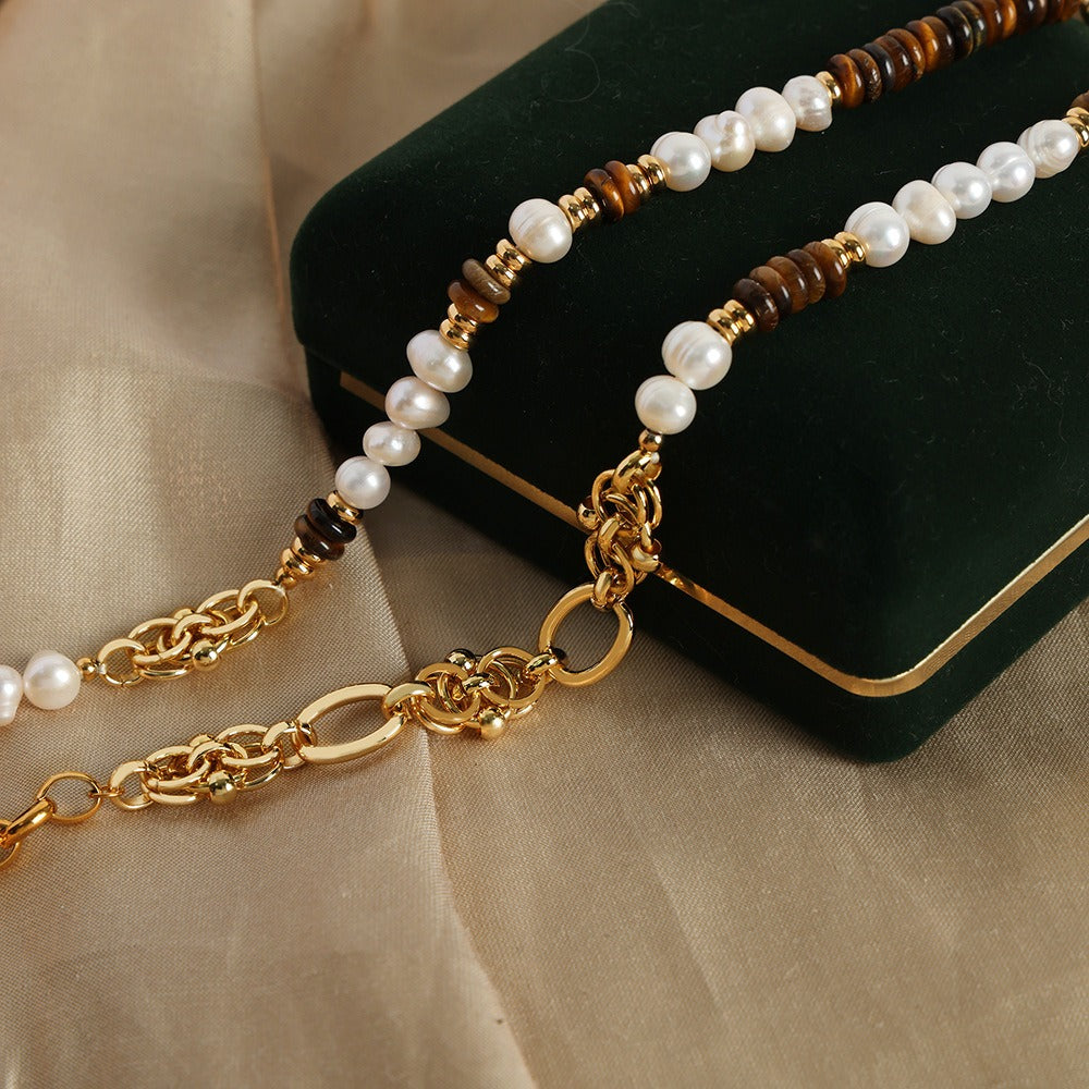 18k gold light luxury retro tiger eye stone with pearl beading design palace style necklace and bracelet set
